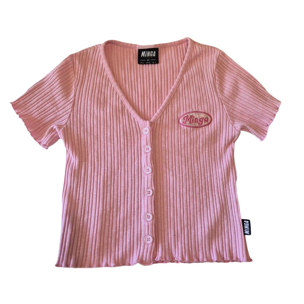 Minga London Pink Ribbed Short Sleeve Button Up Cardigan Top XS Y2K Lettuce Edge